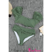 Green Sexy Bubble Sleeves High waisted swimsuits - M thumbnail