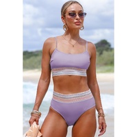 Orchid Petal Striped Patchwork Spaghetti Strap High Waist Bikini Swimsuit - L thumbnail