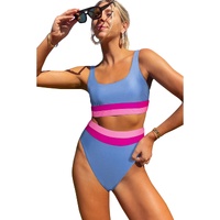 Light Blue Colorblock High Waisted Bikini Swimsuit - L thumbnail
