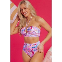 Pink Floral Printed Halter Neck High Waist Bikini - L thumbnail