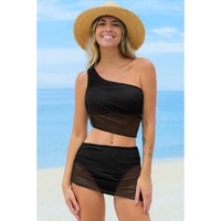 Black Pleated Mesh One Shoulder Bikini Top and Skirts Set - S thumbnail