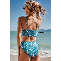Blue Floral Print Smocked Cute Bikini Set - 2XL thumbnail