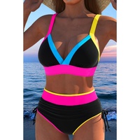 Black Color Block Drawstring Side V Neck High Waist Bikini Set - S thumbnail