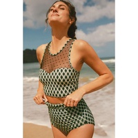 Green Dotted Mesh Plaid Patchwork High Waisted Bikini - M thumbnail