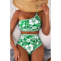 Green Floral Print One Shoulder High Waist Bikini Set - L thumbnail