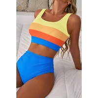 Blue Colorblock Square Neck Top Pleated High Waisted Bikini - M thumbnail