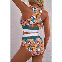 Green Floral Print Racerback Cutout High Waist 2pcs Bikini - L thumbnail