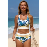Green Floral Print Racerback Cutout High Waist 2pcs Bikini - M thumbnail