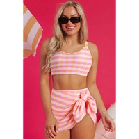 Pink 3pcs Gingham High Waist Bikini & Sarong - XL thumbnail