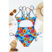 Sky Blue Orange Adjustable Straps Ribbed Knit One Piece Swimsuit - S thumbnail