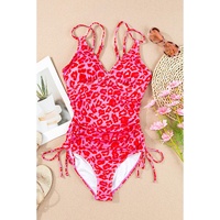 Leopard Orange Adjustable Straps Ribbed Knit One Piece Swimsuit - XL thumbnail