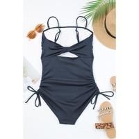 Navy Blue Ribbed Drawstring Sides Cutout One Piece Swimsuit - S thumbnail