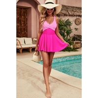 Rose Red Crisscross Straps Tie Back Flared One Piece Swimsuit - M thumbnail