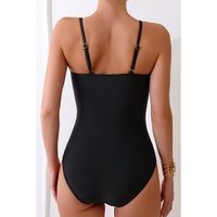 Black Spaghetti Straps Metal V Decor One-Piece Swimsuit - S thumbnail