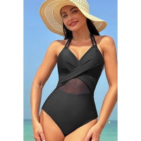 Black Halter Mesh Insert Cross Front One-Piece Swimsuit - S thumbnail