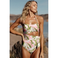 Pink Tropical Asymmetric Cut out Halter Backless One Piece Swimwear - XL thumbnail