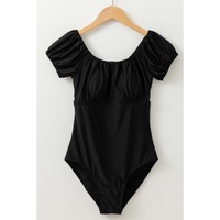 Black Elastic Neckline Short Sleeve One Piece Swimsuit - L thumbnail