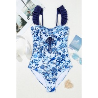 Blue Cutout Ruffled Spaghetti Strap One-Piece Swimwear - S thumbnail