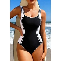Black Color Block Ric Rac Trim U Neck One Piece Swimsuit - M thumbnail