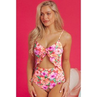 Red Floral Ruffle Trim Cutout Knotted One Piece Swimsuit - 2XL thumbnail