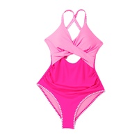 Rose Red Ric Rac Trim Contrasted Patchwork Cutout One Piece Swimsuit - S thumbnail