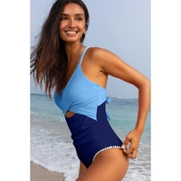 Beau Blue Ric Rac Trim Contrasted Patchwork Cutout One Piece Swimsuit - M thumbnail