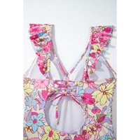 Pink Floral Ruffle Trim V Neck Lace-up Back Tummy Control One Piece Swimsuit - S thumbnail