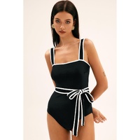 Black Colorblock Edge Belted One Piece Swimsuit - XL thumbnail