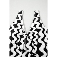 Black Stripe Bowknot Ricrac Print V Neck Low Back Cut One Piece Swimsuit - S thumbnail