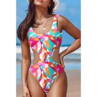 Purple Abstract Geometry Print Daring Cutout Reversible One Piece Swimsuit - M thumbnail
