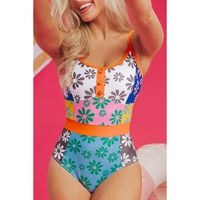 Orange Floral Colorblock Buttoned Decor Front Spaghetti Straps Teddy Swimsuit - M thumbnail