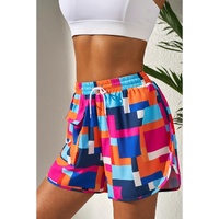 Rose Geometric Printed Drawstring Waist Beach Shorts with Pockets - L thumbnail