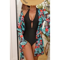 Black Halter Neck Monokini with Floral Beach Cover Up - S thumbnail
