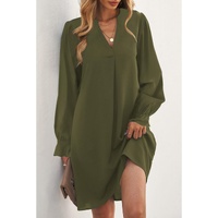 Azura Exchange Green Split V Neck Ruffled Sleeves Shirt Dress - S thumbnail