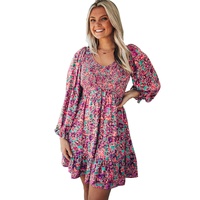 Purple Smocked V Neck Puffy Sleeve Floral Dress - M thumbnail