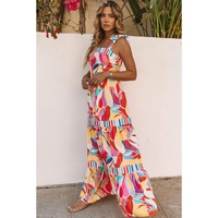 Multicolor Abstract Print Striped Trim Maxi Sundress - L thumbnail
