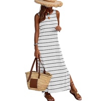 White Stripe Print Open Back Sleeveless Maxi Dress with Slits - XL thumbnail