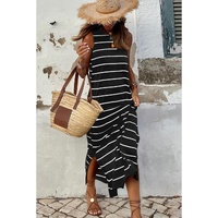 Black Stripe Print Open Back Sleeveless Maxi Dress with Slits - M thumbnail