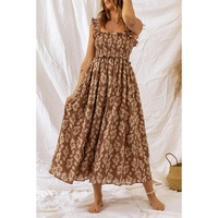 Brown Ruffled Straps Smocked Floral Maxi Dress - L thumbnail