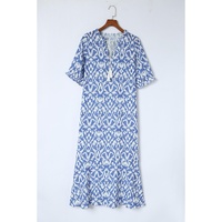 Azura Exchange Sky Blue V Neck Casual Geometric Print Maxi Dress - S thumbnail