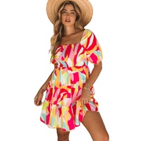 Multicolor Geometric Print Smocked Babydoll Mini Dress - M thumbnail