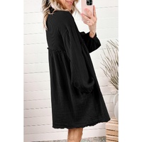 Azura Exchange Black Patchwork Crinkle Puff Sleeve Shirt Dress - L thumbnail