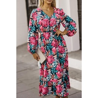 Azura Exchange Red V Neck Elastic High Waist Split Floral Dress - S thumbnail