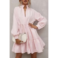 Pink Frilled Stand Collar Long Sleeve Ruffle Dress - L thumbnail