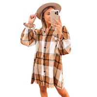 Khaki Plaid Pattern Collared Neck Ruffled Sleeve Shirt Dress - L thumbnail