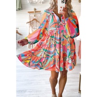 Multicolor Geometric Print Split Neck Ruffle Tiered Mini Dress - M thumbnail