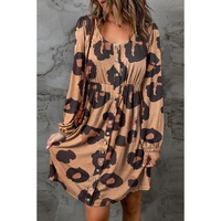 Leopard Print Button Front Bubble Sleeve Loose Knit Dress - M thumbnail