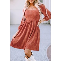 Brown Suede Square Neck Puff Sleeve Dress - XL thumbnail