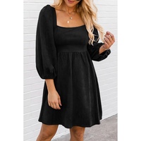 Black Suede Square Neck Puff Sleeve Dress - L thumbnail