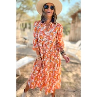 Azura Exchange Multicolor Boho Floral Collared Long Sleeve Ruffled Dress - L thumbnail